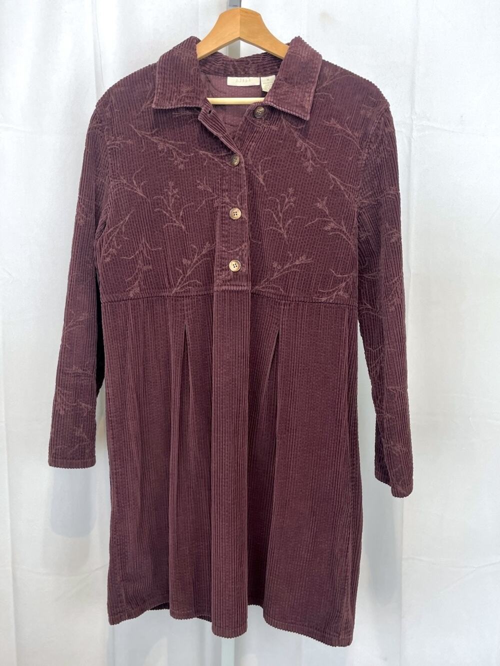 J. JILL VTG Cotton Corduroy Dress Embroidered Pullover Long Sleeve Wine Purple M